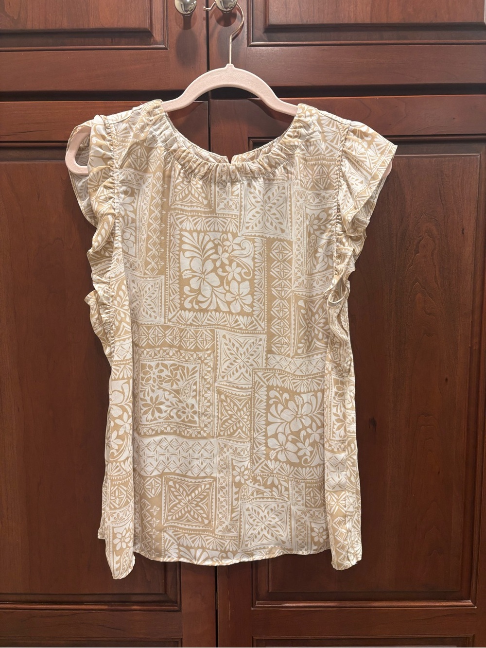 Women’s Cream Floral Block Print Ruffle Sleeve Top